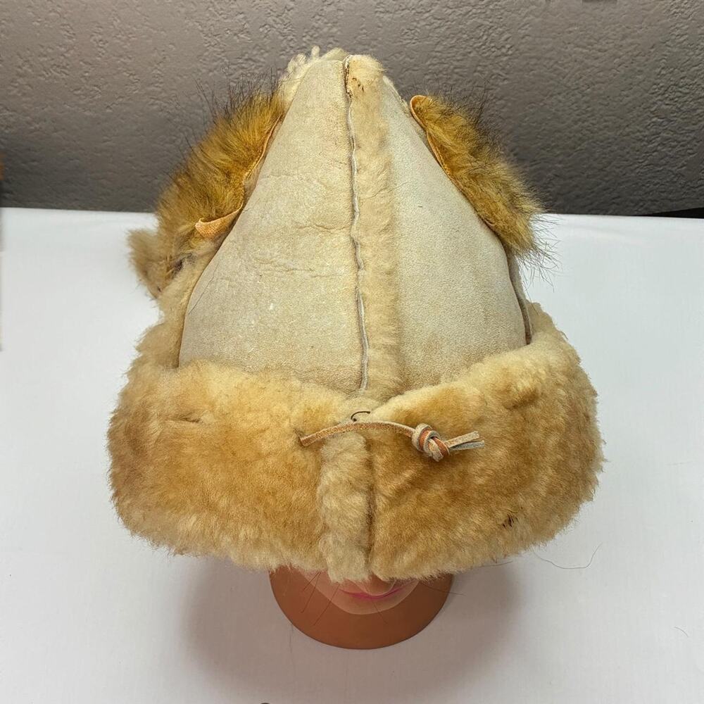 Sheepskin Leather Fur Lined Trapper Hat Cap Mongolian Handmade Tan Winter